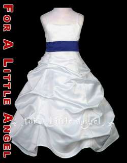 WHITE SATIN PICKUP FLOWER GIRL DRESS w NAVY SASH size 8  