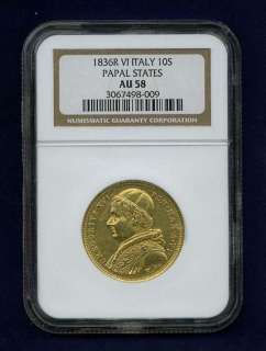 PAPAL STATES 1836 10 SCUDI GOLD COIN, CERTIFIED BY NGC AU58, NEAR MINT 