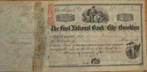 1871 Stock Certificate First National Bank Brooklyn NY  