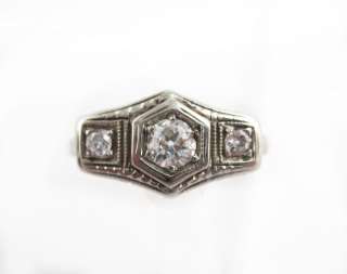 Vintage 1920s 18k White Gold Filigree Art Deco 3 Stone Diamond Ladies 