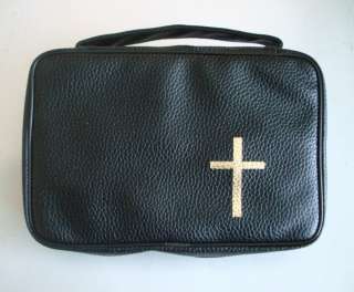 NEW BIBLE COVER CASE Zipper Black Pu LEATHER w/ CROSS L  