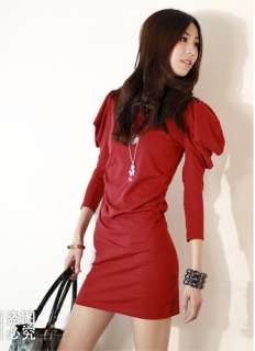 Hot Sale Fashion Puff Long Sleeve U neck Dress Deep Red  