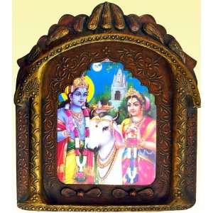 Radha & Krishna Worshiping Cow, Religious Poster Painting in Handcraft 