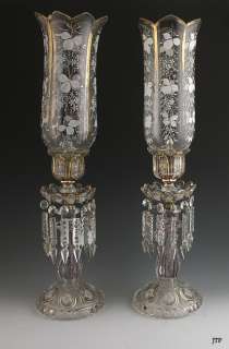 1860s FINE ENAMELED GLASS MANTEL LUSTRE CANDLESTICKS  