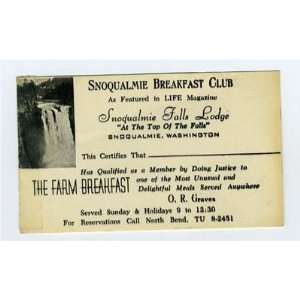  Snoqualmie Breakfast Club Card Falls Lodge Washington 1950 