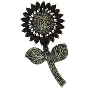  Marcasite Large Sunflower Brooch Pin w/ Marquise Cut Garnet Stones 