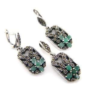   Emerald Gemstone Marcasite Genuine Silver Earring Pendant Set Jewelry