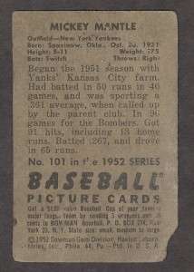 1952 Bowman Baseball #101 Mickey Mantle Card   SGC Authentic/No Grade 