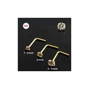 9K Solid Yellow Gold L Shaped Jeweled Nose Stud Piercing 
