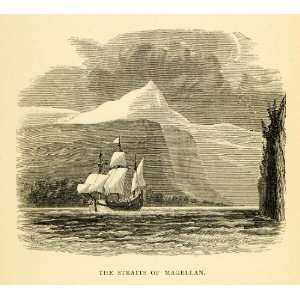   Sailing Landscape Mountain Ocean Spaniards   Original Engraving