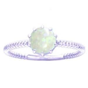  14K White Gold Round Gemstone Solitaire Stackable Ring Opal 