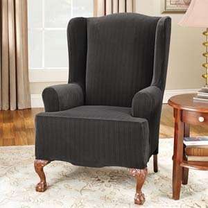   Stretch Pinstripe 1 Piece Wing Chair Slipcover, Black
