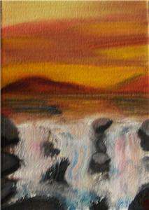 ACEO Original Art Canvas Oil Painting Sunset Waterfall  
