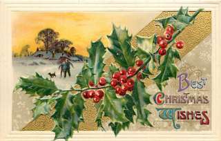 CHRISTMAS PEOPLE & DOG IN SNOW HOLLY LEAVES EARLY R53753  