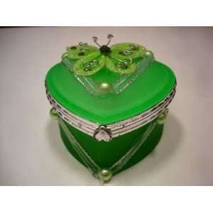   Glass Jewelry Trinket Box with Butterly   Green 