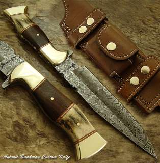   RARE CUSTOM DAMASCUS BOWIE KNIFE, STAG ANTLER & BURL WOOD  