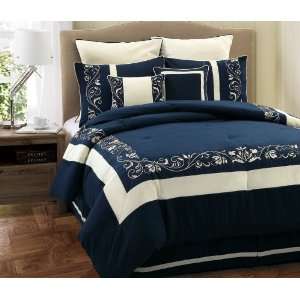  8Pc King Mateo Navy and White Embroidered Comforter Set 