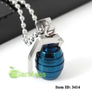   Steel Blue&Silver Grenade Chain Pendant Necklace Item ID3414  