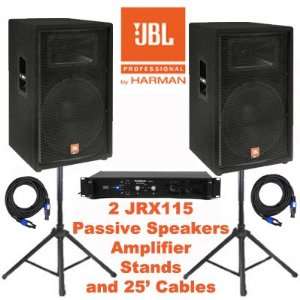  JBL Passive 15 JRX115 DJ Speakers, Amp, Stands and 25 