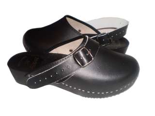 Genuine Black Leather Wooden Sole Swedish style Clogs womens/mens all 