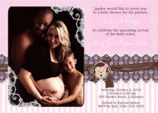Monkey Girl Pink Brown Sonogram Baby Shower Invitation  