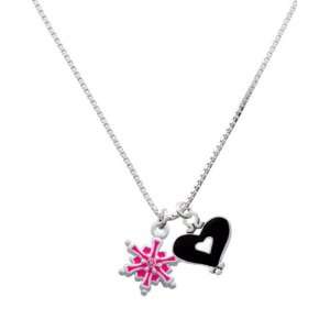 Hot Pink Snowflake with Rose Swarovski Crystal and Black Heart Charm 