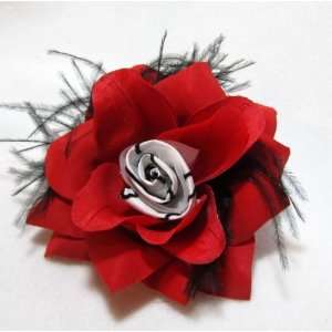   Rose with Black White and Ostrich Feather Hair Clip 