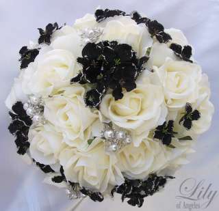 2pcs Wedding Bridal Bride Bouquet Groom Boutonniere w/Gem Jewelry 