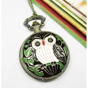 Antique Steampunk Owl Pocket Watch Necklace Locket Jewellery Green 
