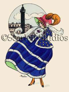 1915 LADY IN BLUE on a WINDY DAY by Douky GICLEE PRINT  