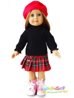 red hat&black shirt&plaid skirt fits 18 American girl  