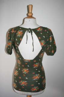 Womens Anthropologie Free People Sexy Olive Green Floral Top Open Back 