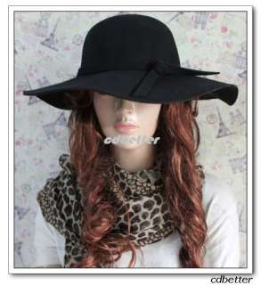 Vintage Lady Women Stylish FLOPPY WIDE BRIM WOOL Hats Caps Bowknot 