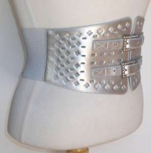 Silver 2 Rhinestone Buckle Waist Corset Leather Belt  