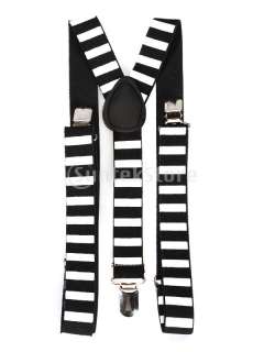   Clip on Braces Elastic Y back Suspender Black and White Breton Stripes
