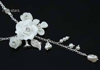 White Rose Necklace Bracelet Earrings Set 