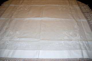 Crochet Edged White Linen Antique Tablecloth   48 square  
