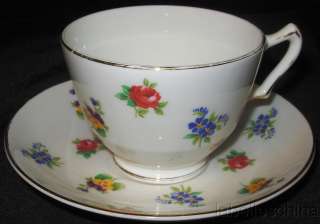 Crown Staffordshire Teacup and Saucer Roses and Pansies  