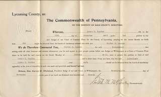 READER original Divorce papers 1920 Lycoming County PA  