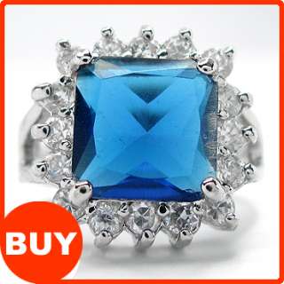 Fashion Jewelry Blue Sapphire White 18k Gold Plated GP Ladies Ring 