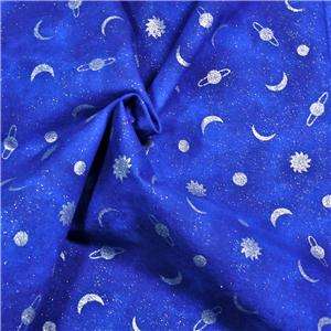 Cotton Fabric Sky with Moons Planets Stars on Blue With Glitter, Fat 