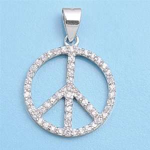  Sterling Silver Embellished Peace Sign CZ Pendant Jewelry