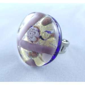    Pink Gold Circle Venetian Murano Glass Adjustable Ring Jewelry