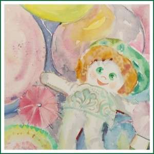 Pamela Spear Rag Doll Toy Balloons Watercolour Painting  
