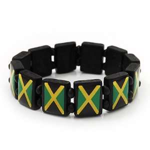  Black Wooden Jamaica Flag Stretch Bracelet   up to 20cm 
