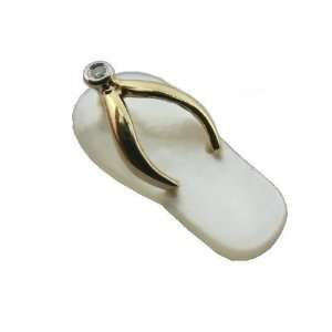 White Mother Of Pearl Flip Flop Single Diamond Strap Sandal, 14k Gold