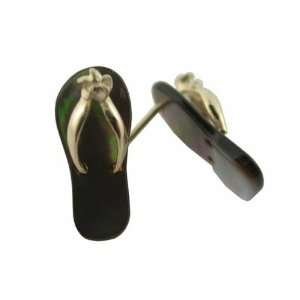 Black Mother Of Pearl Flip Flop Plumeria Strap Sandal Earrings, 14k 