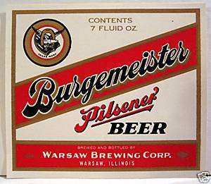 Burgemeister Pilsner Beer Bottle Label Warsaw, Illinois  