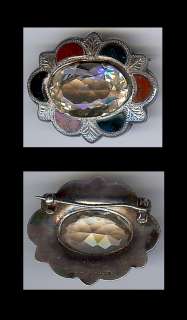 ANTIQUE VICTORIAN SCOTTISH AGATE & CRYSTAL STERLING SILVER PIN  