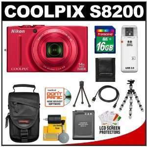  Nikon Coolpix S8200 16.1 MP Digital Camera (Red) with 16GB 